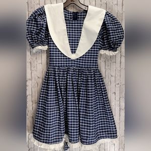 VTG Child's Handmade Navy Plaid Dress White Sailor Collar Puff Sleeves Sz 8-10?.